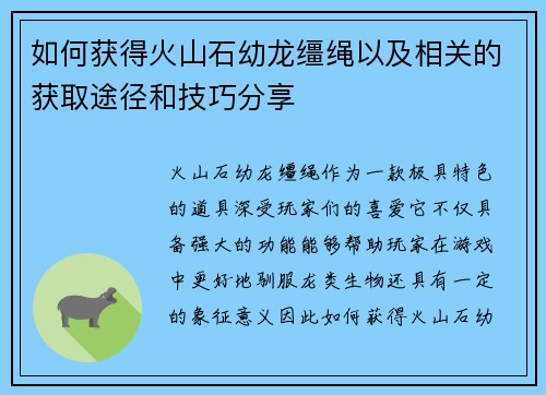 如何获得火山石幼龙缰绳以及相关的获取途径和技巧分享 如何获得火山石幼龙缰绳以及相关的获取途径和技巧分享